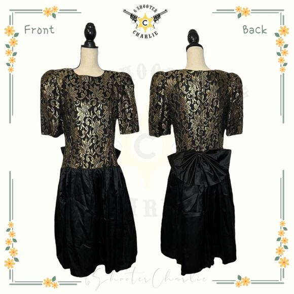 Vintage 90's Dress Miss Dorby Tapestry and Satin Black Gold Dress with Bow Sz 16 - Picture 1 of 6